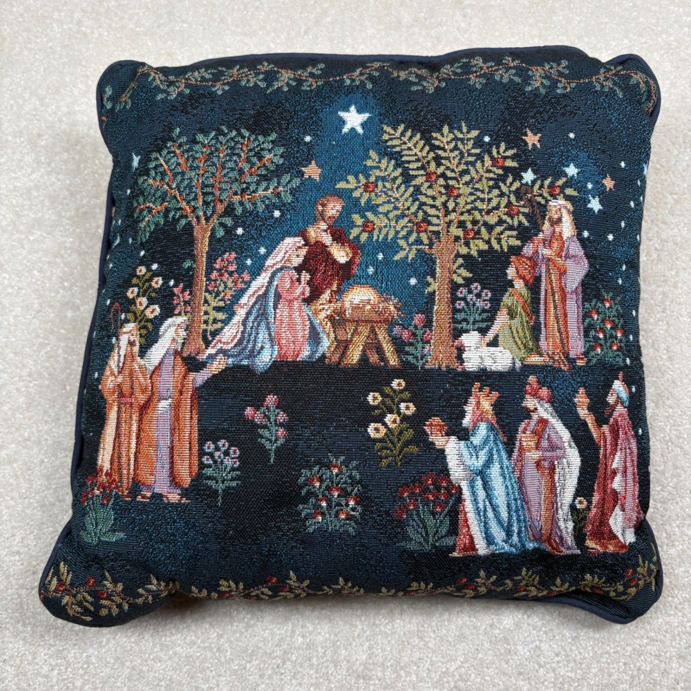 Christmas Nativity Tapestry Throw Pillow Navy Blue Woven Religious‎ Decor 14.5in
